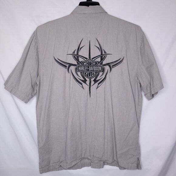 Harley Davidson Shirt Mens Large Gray Pinstripe Embroidered Y2K Button Down - Picture 1 of 12